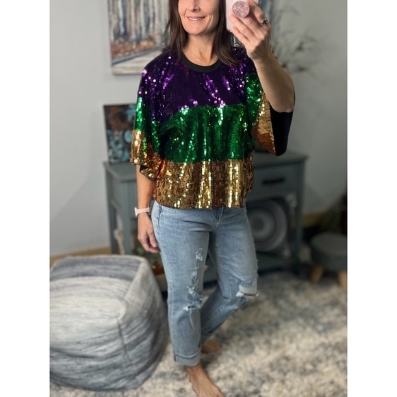 Mardi Gras Sequined Color Block Short Sleeves Cropped Purple Green Gold 0923 - Picture 2 of 8